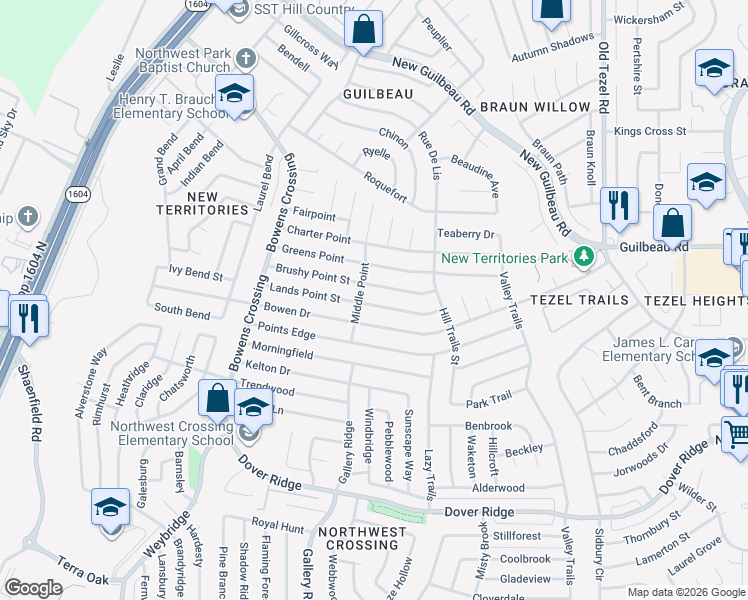 map of restaurants, bars, coffee shops, grocery stores, and more near 9375 Lands Point Street in San Antonio