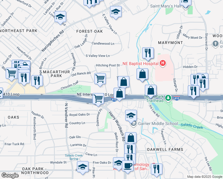map of restaurants, bars, coffee shops, grocery stores, and more near 1777 Northeast Interstate 410 Loop in San Antonio