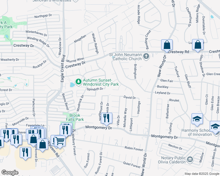 map of restaurants, bars, coffee shops, grocery stores, and more near 6403 Thoreaus Way in San Antonio