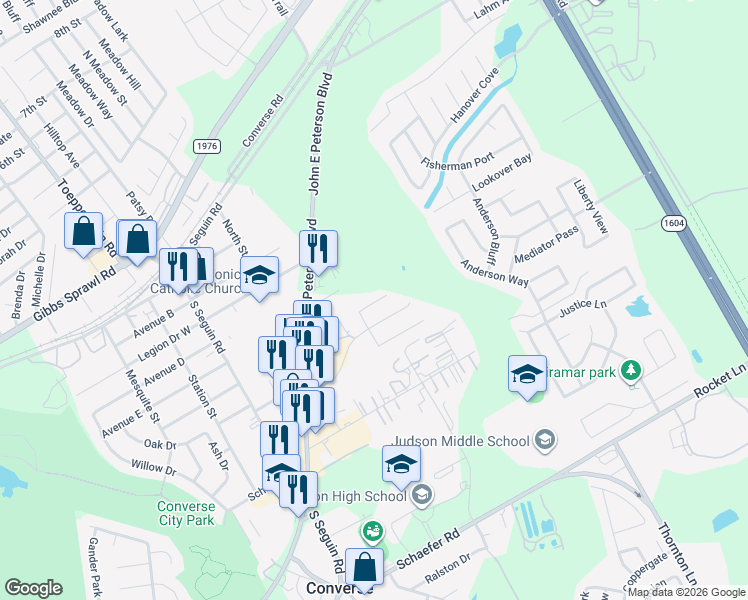 map of restaurants, bars, coffee shops, grocery stores, and more near 9217 Shadow Crest Drive in Converse