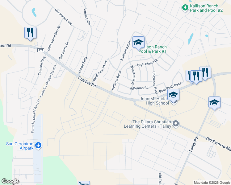 map of restaurants, bars, coffee shops, grocery stores, and more near 14742 Gaucho Court in San Antonio
