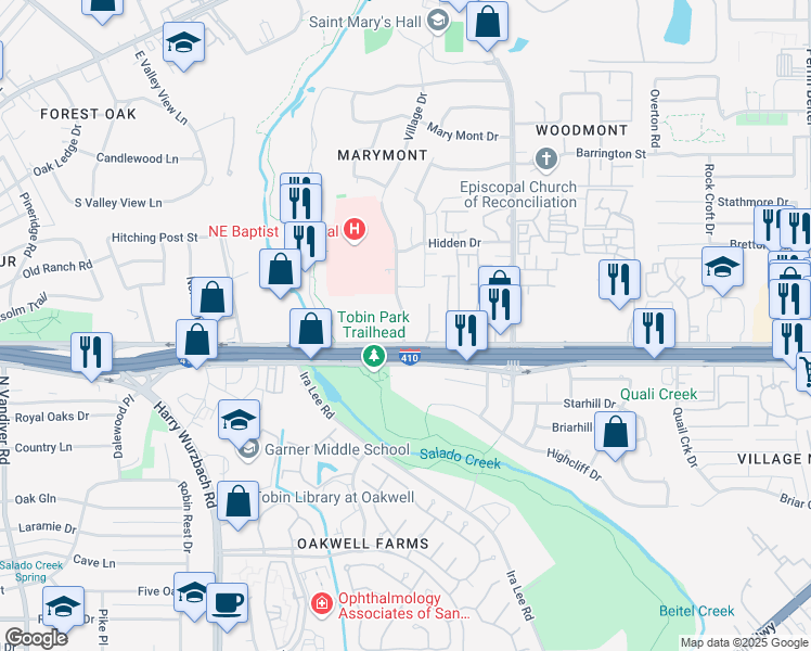 map of restaurants, bars, coffee shops, grocery stores, and more near 8502 Village Drive in San Antonio