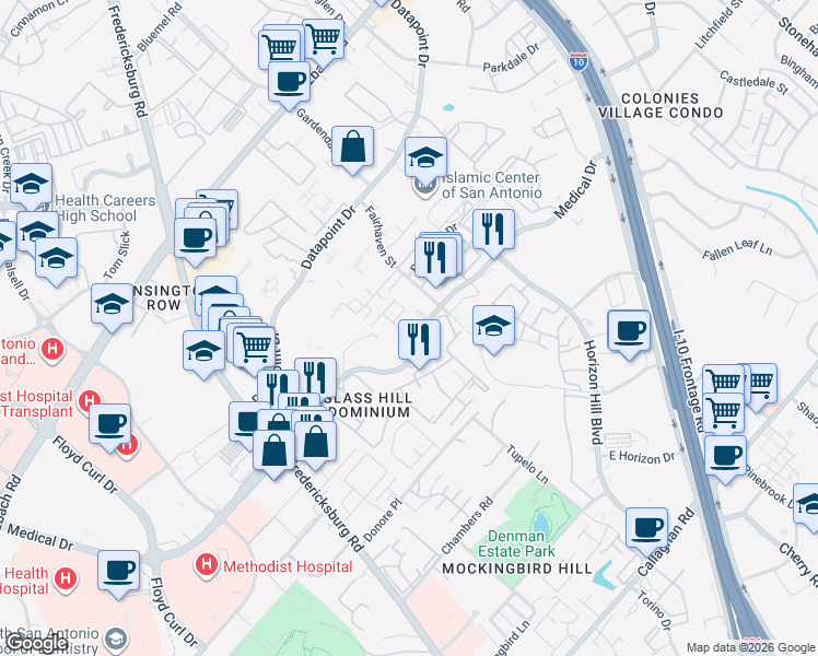 map of restaurants, bars, coffee shops, grocery stores, and more near 4107 Medical Drive in San Antonio