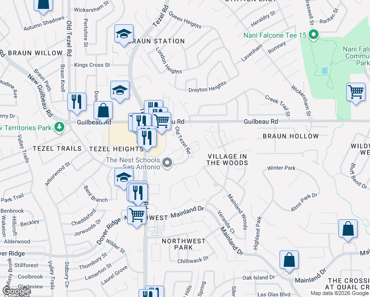 map of restaurants, bars, coffee shops, grocery stores, and more near 8917 Maverick Draw in San Antonio