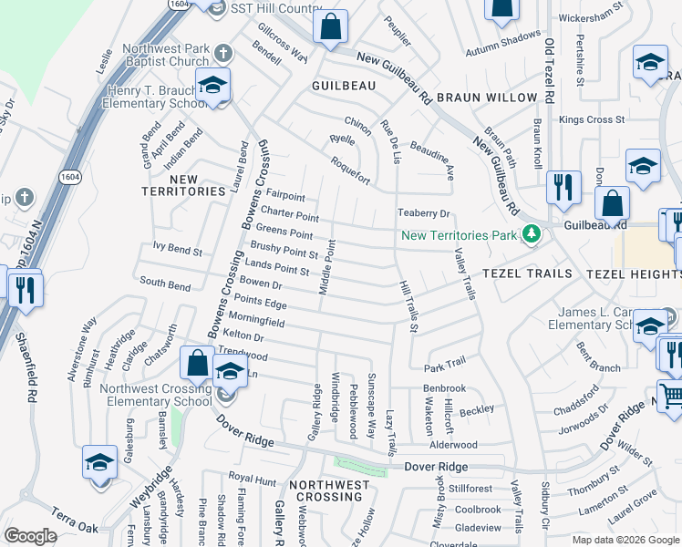 map of restaurants, bars, coffee shops, grocery stores, and more near 9375 Lands Point Street in San Antonio