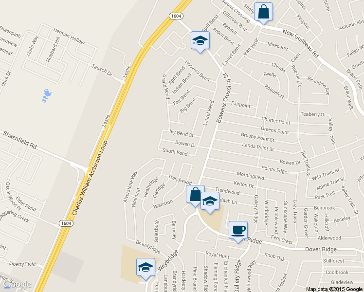 map of restaurants, bars, coffee shops, grocery stores, and more near 9538 Bowen Dr in San Antonio