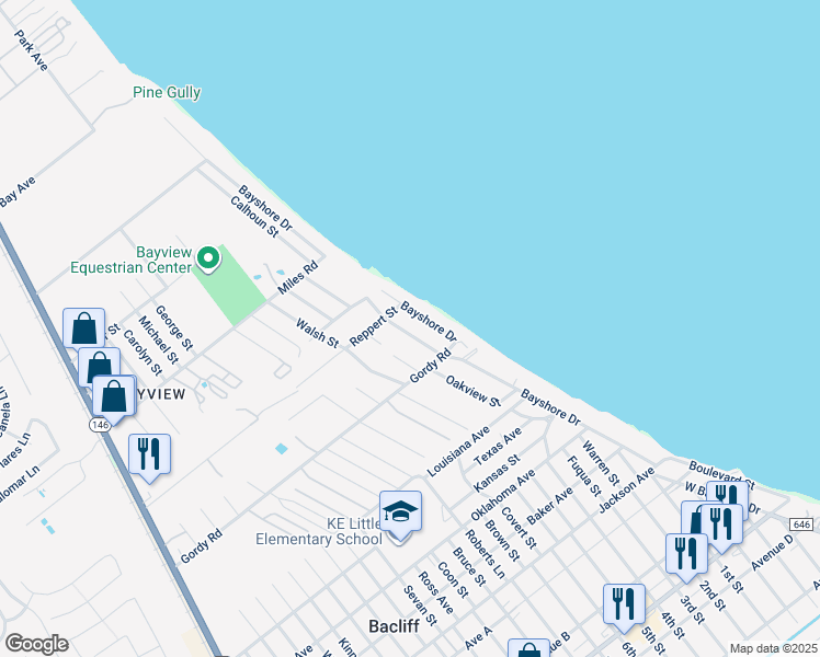 map of restaurants, bars, coffee shops, grocery stores, and more near 3531 Emerson Avenue in Bacliff