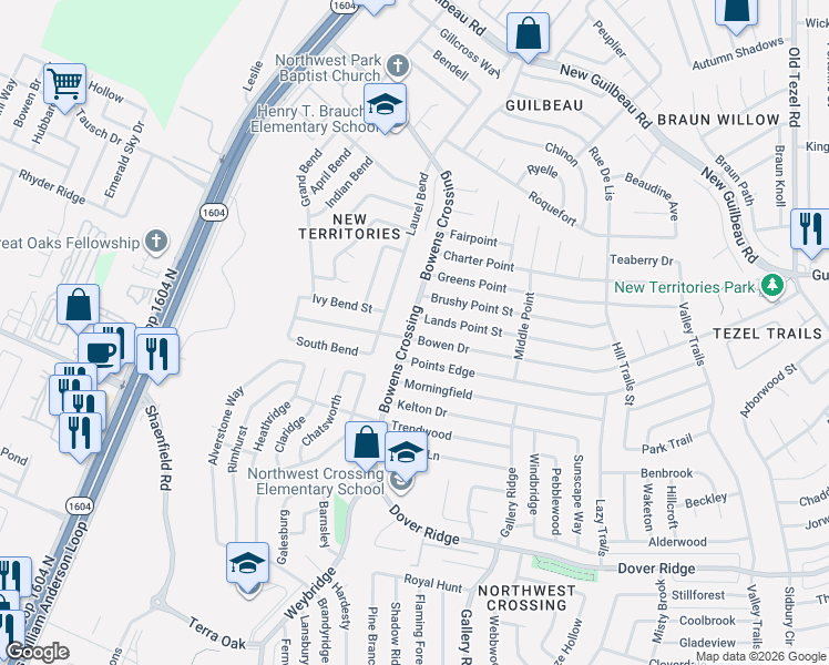 map of restaurants, bars, coffee shops, grocery stores, and more near 9479 Bowen Drive in San Antonio