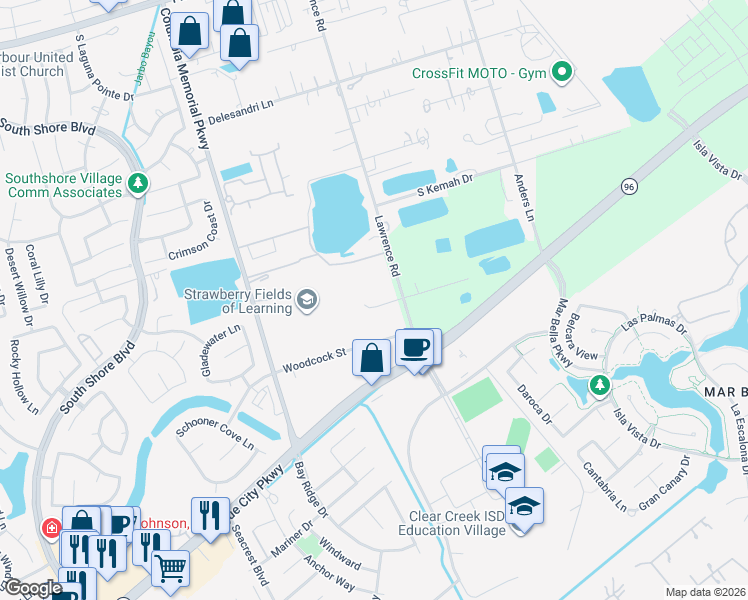map of restaurants, bars, coffee shops, grocery stores, and more near 2730 Lawrence Road in Kemah