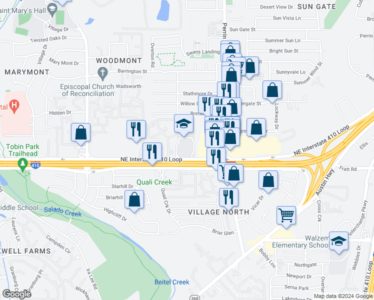 map of restaurants, bars, coffee shops, grocery stores, and more near 2569 Northeast Interstate 410 Loop in San Antonio