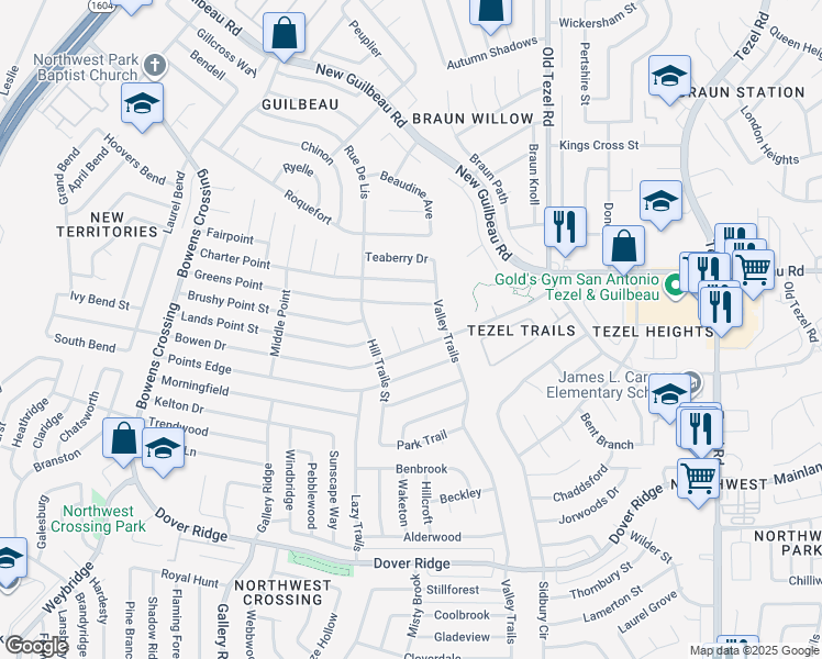 map of restaurants, bars, coffee shops, grocery stores, and more near 8115 Shoal Trails in San Antonio
