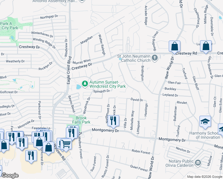 map of restaurants, bars, coffee shops, grocery stores, and more near 6415 Spindrift in San Antonio