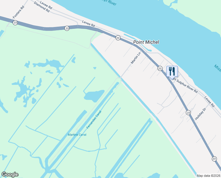 map of restaurants, bars, coffee shops, grocery stores, and more near 307 Martin Lane in Port Sulphur