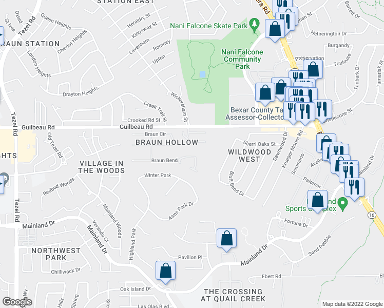map of restaurants, bars, coffee shops, grocery stores, and more near 7611 Braun Bend in San Antonio