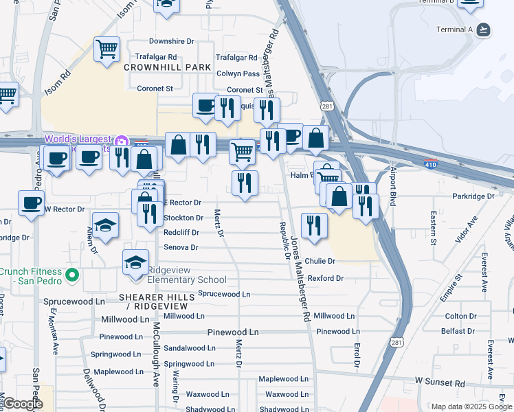 map of restaurants, bars, coffee shops, grocery stores, and more near 610 East Rector Street in San Antonio