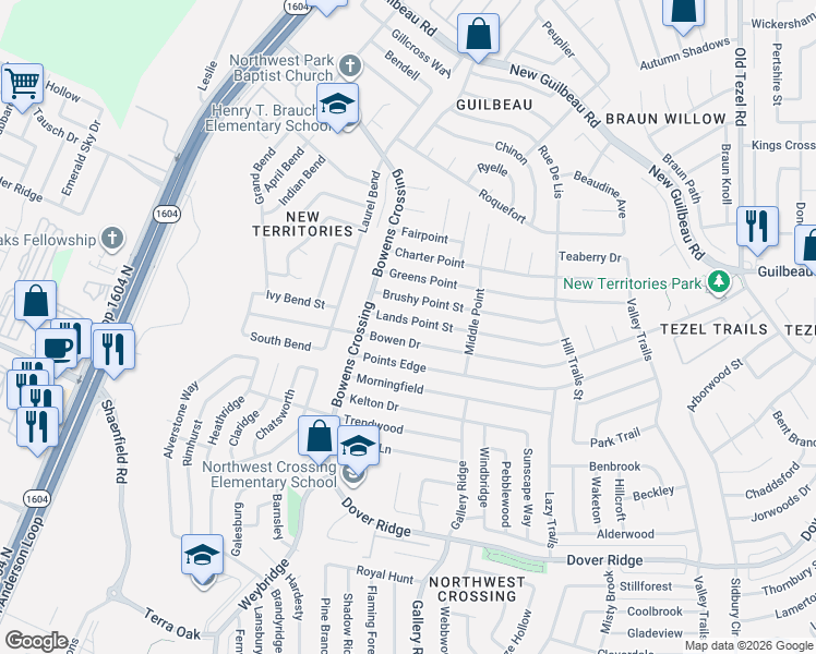 map of restaurants, bars, coffee shops, grocery stores, and more near 9450 Lands Point Street in San Antonio