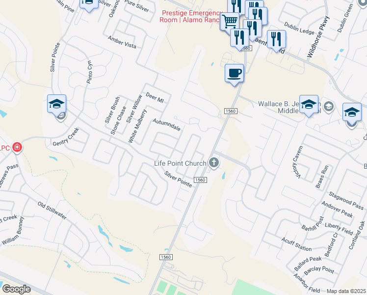 map of restaurants, bars, coffee shops, grocery stores, and more near 8102 Foxwood Chase in San Antonio