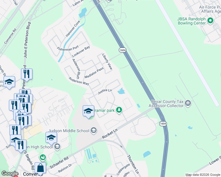 map of restaurants, bars, coffee shops, grocery stores, and more near 9726 Justice Lane in Converse