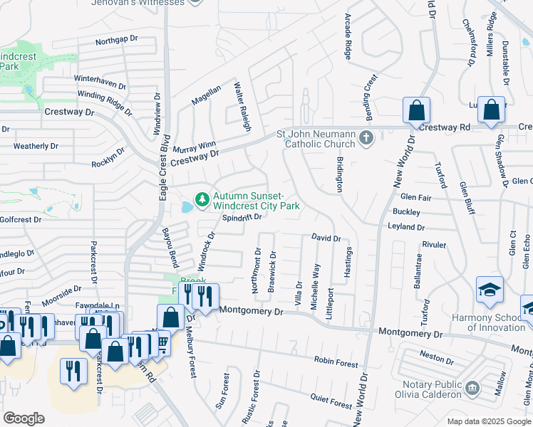 map of restaurants, bars, coffee shops, grocery stores, and more near 6415 Spindrift in San Antonio