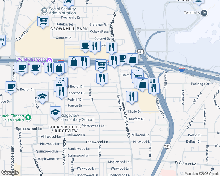 map of restaurants, bars, coffee shops, grocery stores, and more near 610 East Rector Street in San Antonio