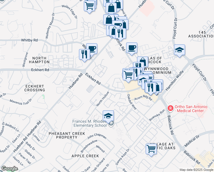 map of restaurants, bars, coffee shops, grocery stores, and more near 5911 Eckhert Road in San Antonio