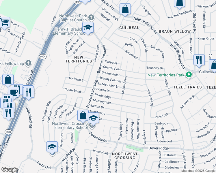 map of restaurants, bars, coffee shops, grocery stores, and more near 9450 Lands Point Street in San Antonio