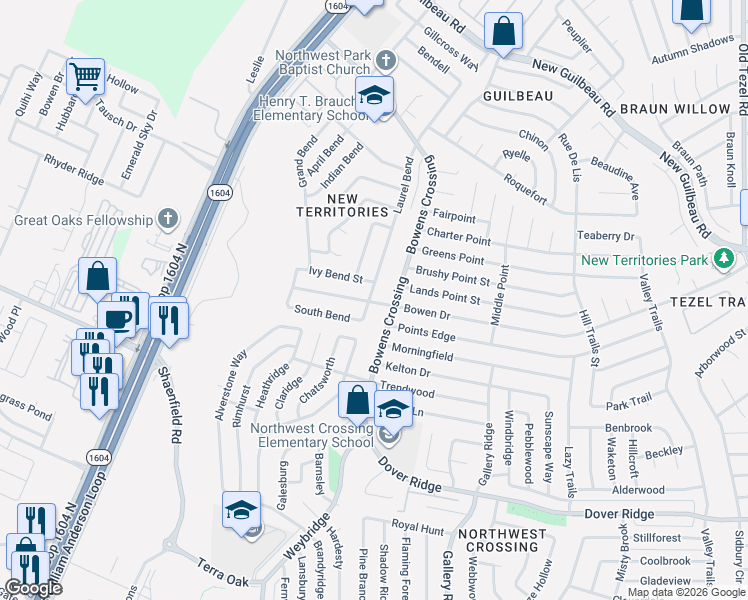 map of restaurants, bars, coffee shops, grocery stores, and more near 7926 Laurel Bend in San Antonio