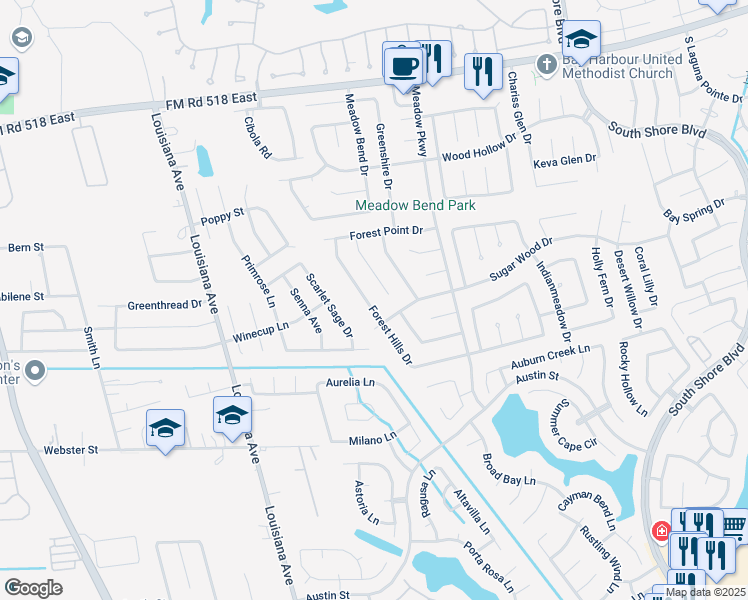 map of restaurants, bars, coffee shops, grocery stores, and more near 332 Forest Hills Drive in League City