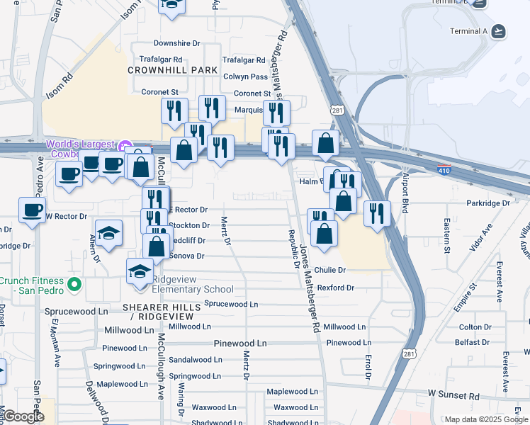 map of restaurants, bars, coffee shops, grocery stores, and more near 610 East Rector Street in San Antonio