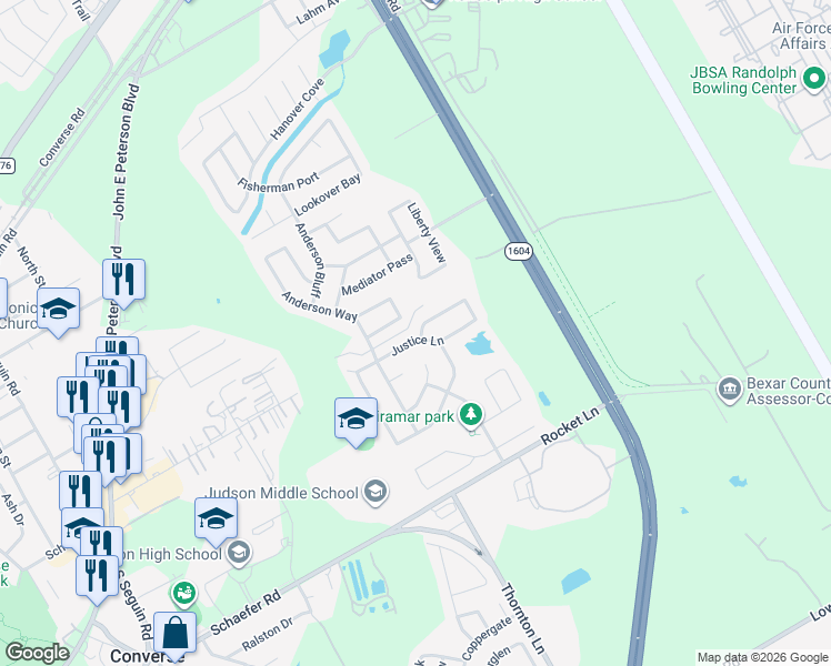 map of restaurants, bars, coffee shops, grocery stores, and more near 8903 Wolff Vista in Converse