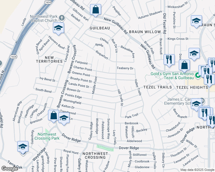map of restaurants, bars, coffee shops, grocery stores, and more near 9330 Brushy Point Street in San Antonio