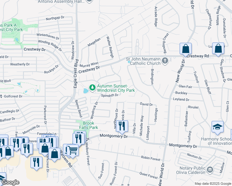 map of restaurants, bars, coffee shops, grocery stores, and more near 6415 Spindrift in San Antonio