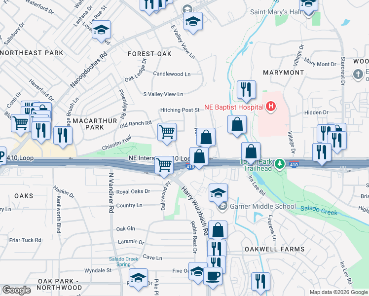 map of restaurants, bars, coffee shops, grocery stores, and more near 1777 Northeast Interstate 410 Loop in San Antonio