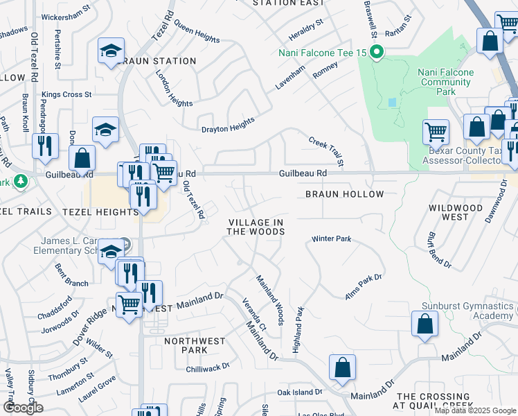 map of restaurants, bars, coffee shops, grocery stores, and more near 9230 Camborne in San Antonio