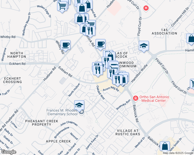 map of restaurants, bars, coffee shops, grocery stores, and more near 5500 Babcock Road in San Antonio