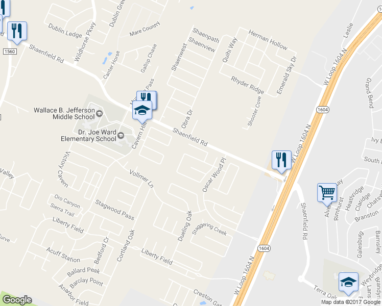 map of restaurants, bars, coffee shops, grocery stores, and more near 10731 Expedition Creek in San Antonio