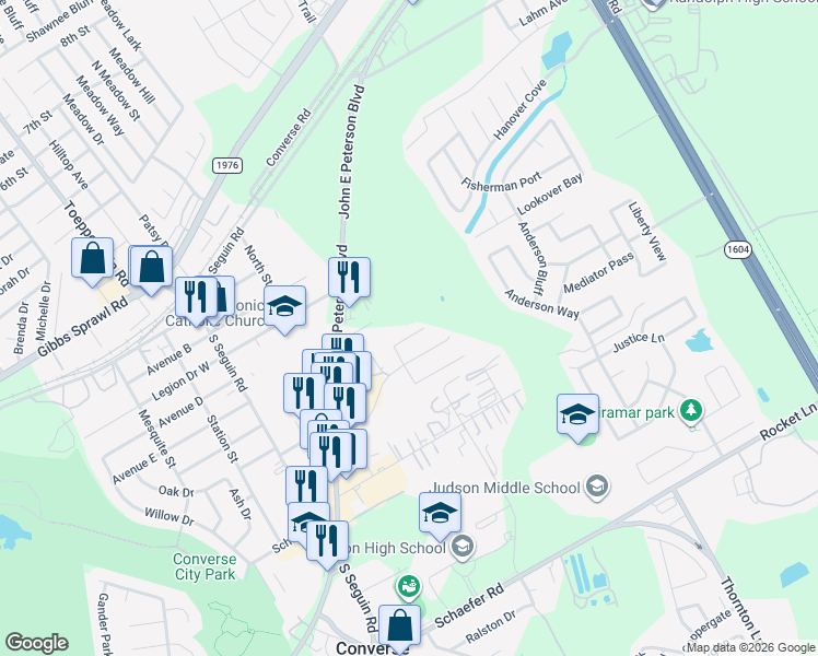 map of restaurants, bars, coffee shops, grocery stores, and more near 9217 Shadow Crest Drive in Converse