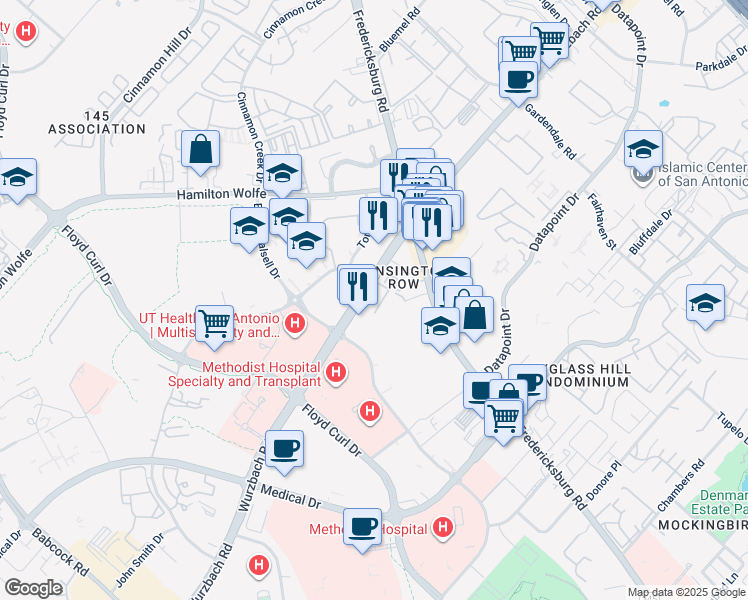 map of restaurants, bars, coffee shops, grocery stores, and more near 8222 Wurzbach Road in San Antonio