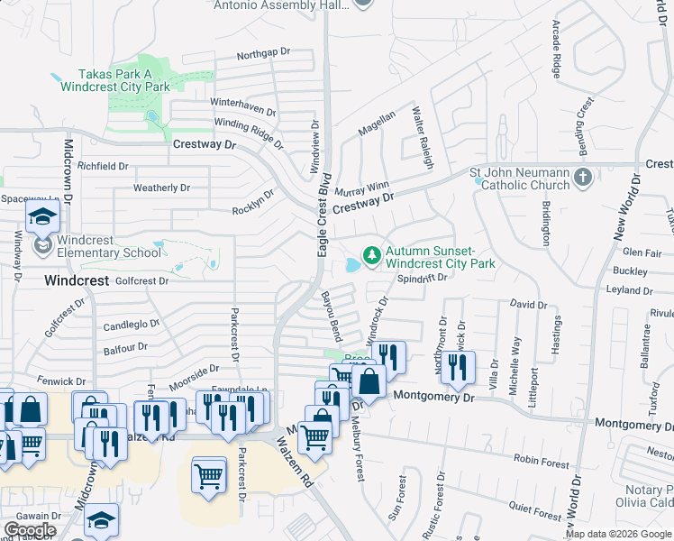 map of restaurants, bars, coffee shops, grocery stores, and more near 8606 Autumn Sunset in San Antonio