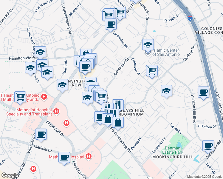 map of restaurants, bars, coffee shops, grocery stores, and more near 8410 Datapoint Drive in San Antonio