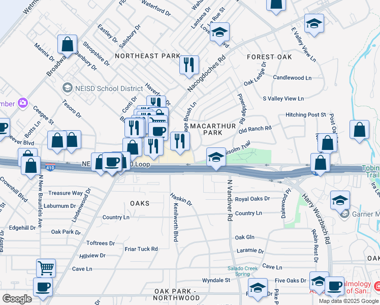 map of restaurants, bars, coffee shops, grocery stores, and more near 8515 Sage Brush Lane in San Antonio