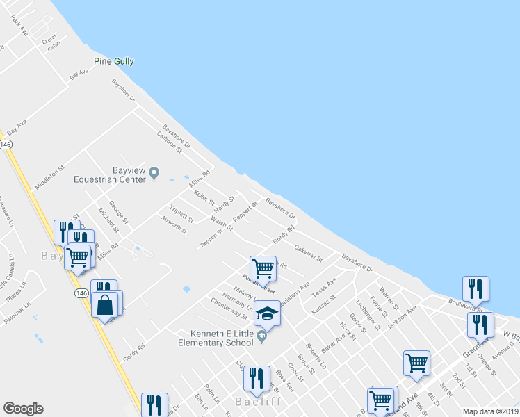 map of restaurants, bars, coffee shops, grocery stores, and more near 3507 Emerson Street in Bacliff