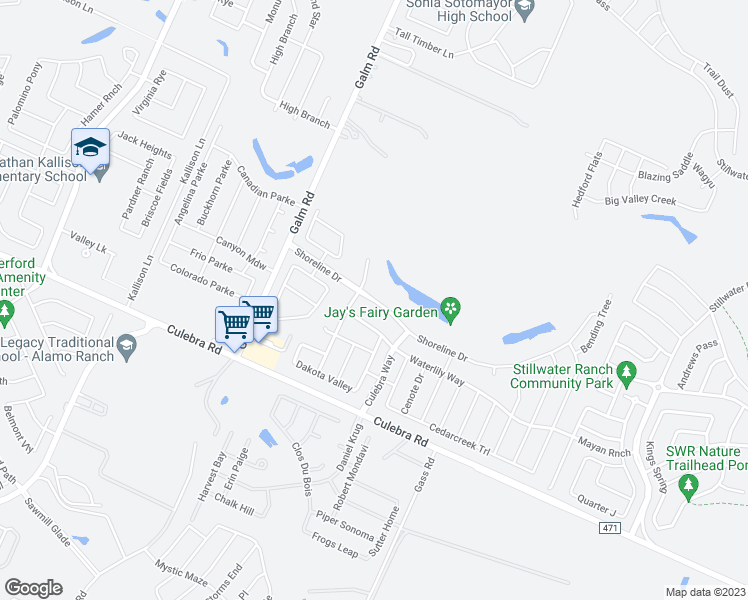 map of restaurants, bars, coffee shops, grocery stores, and more near 13038 Shoreline Drive in San Antonio