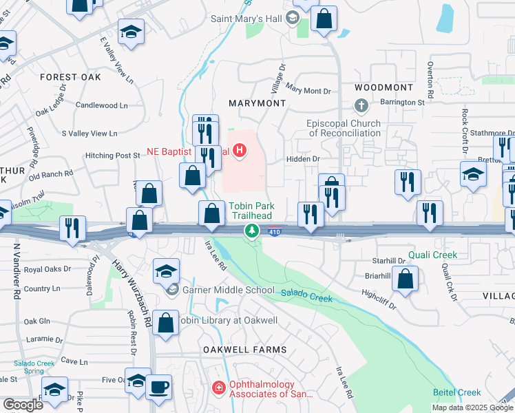 map of restaurants, bars, coffee shops, grocery stores, and more near 2119 Northeast Interstate 410 Loop in San Antonio