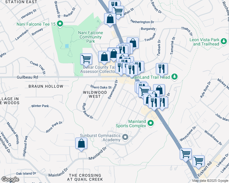 map of restaurants, bars, coffee shops, grocery stores, and more near 8362 Dawnwood Drive in San Antonio