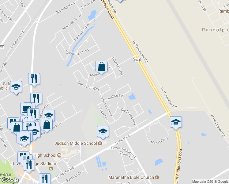 map of restaurants, bars, coffee shops, grocery stores, and more near 8903 Wolff Vista in Converse