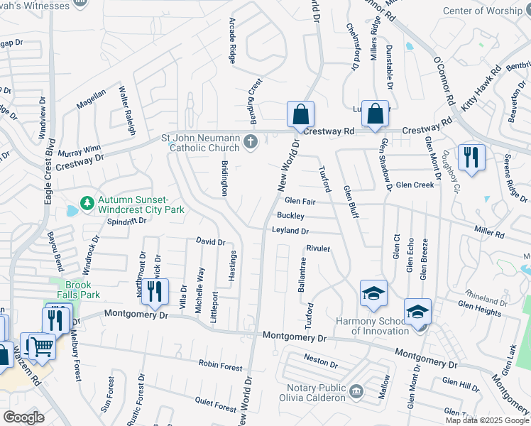 map of restaurants, bars, coffee shops, grocery stores, and more near 8507 New World Drive in San Antonio