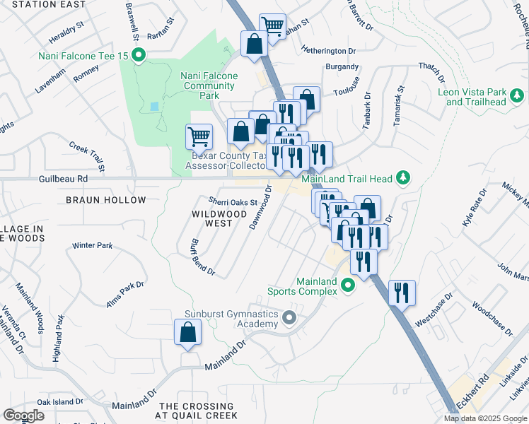 map of restaurants, bars, coffee shops, grocery stores, and more near 8362 Dawnwood Drive in San Antonio