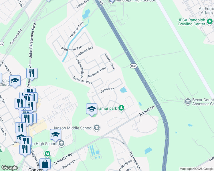 map of restaurants, bars, coffee shops, grocery stores, and more near 8903 Wolff Vista in Converse