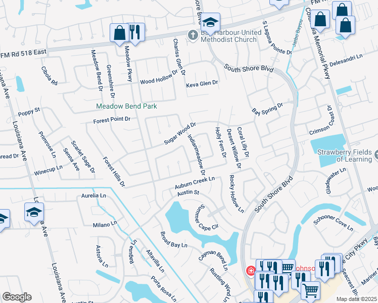 map of restaurants, bars, coffee shops, grocery stores, and more near 412 Starborough Drive in League City